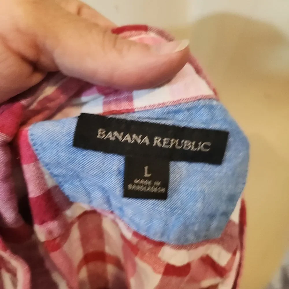 Men's Banana Republice Red Checkered Button‎ Down Linen Blend Shirt Size Large